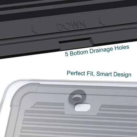 Close-up of a clear license plate protector with silicone frame showing 5 drainage holes and smart design details.
