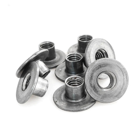 Premium Heavy Duty 3/8 X 12-16 Carbon Steel T Nuts Welding Tee Inserts For Pipe Furniture And Rolling Trolley Castors No BS Grey Finish Pack Of 20, close-up of multiple steel T nuts.
