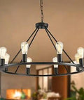 Large 8 Lamp Wagon Wheel Chandelier in Black Metal Rustic Farmhouse Vintage Pendant Light for Kitchen and Dining Room
