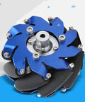 Klanata 4in Mecanum wheel, aluminum hub with blue anodized frame and TPU rollers (close-up)