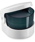 Cordless Jewelry And Denture Cleaner portable white unit with dark lid, for rings, necklaces, coins and dentures