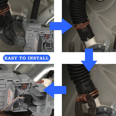 Washer drain pump assembly for Whirlpool/Kenmore/Maytag; gray plastic unit with hoses and copper clamps, installed.