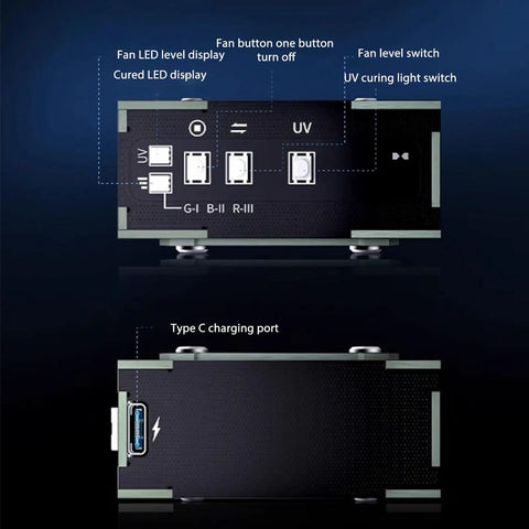 Control panel of Rechargeable Solder Fume Extractor With Fast Cooling showing fan and UV switches, Type C port.