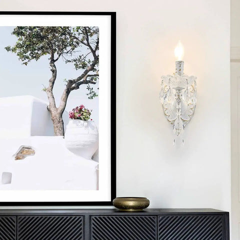 1 Light Distressed White Crystal Wall Sconce With Candle Style Vintage Farmhouse Vibe, French Country Crystal Drops in living room