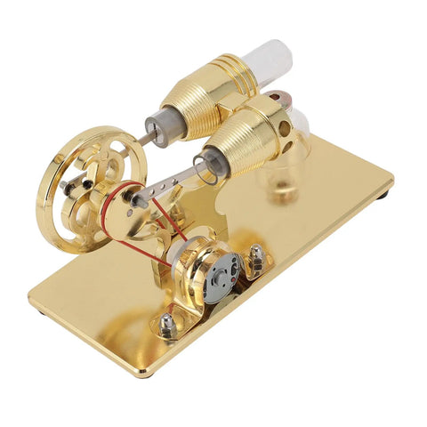LED Powered Stirling Engine Model With Flywheel Light Up Demonstration For Science Projects Power Generator Educational Toy For Kids And Adults Aluminum Alloy Glass Gold Finish on gold base