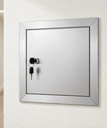 Rock Solid Stainless Steel Drywall Access Door 28 By 28 Inch Inspection Panel with key lock on wall.