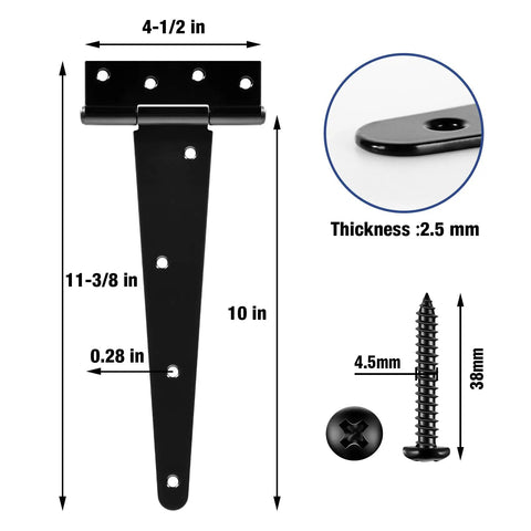 Beefy Heavy Duty 10 Inch T Strap Gate Hinges 2 Pack For Barn Fence Doors Exterior Interior Wood Cabinet Shed Shop Black 270 Degree Swing Tee Hinges Hardware Kit, black 10-inch steel hinge with screw