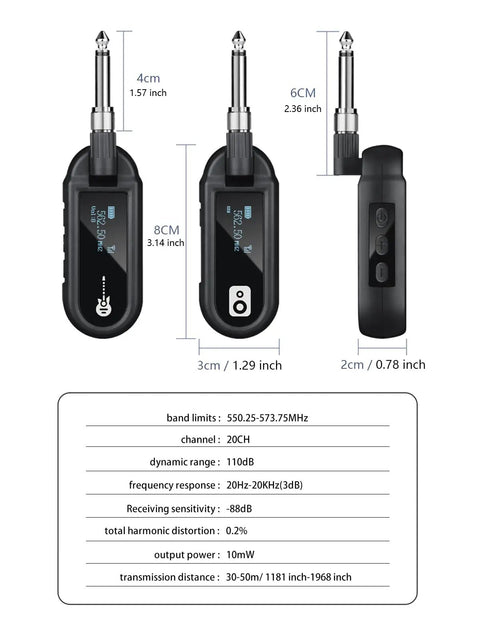 Technical dimensions of UHF Wireless Guitar System With Rechargeable Transmitter And Receiver, 20 Channel Band for instruments.
