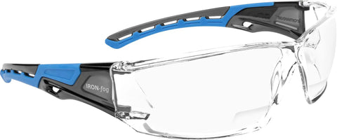 Top Tier Anti Fog Safety Glasses With Blue Bifocal Readers And Plus Point Five Magnification Heavy Duty Wrap Around Frame, side view