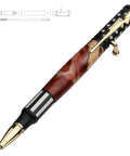 Kickin DIY Woodturning Project Kit Featuring Five Ceramic Flag Ballpoint Pen Hardware Sets And Precision Bushings For Turning Custom Writer Accessories, crafted pen with red and black resin, gold accents.