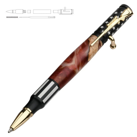 Kickin DIY Woodturning Project Kit Featuring Five Ceramic Flag Ballpoint Pen Hardware Sets And Precision Bushings For Turning Custom Writer Accessories, crafted pen with red and black resin, gold accents.