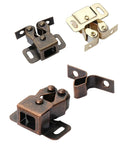 6 Pack Galvanized Double Ball Roller Cabinet Catch for Smooth Soft Close Quiet Slam Free Closet Cupboard Hardware Furniture Doors Locking Latch Set in Antique Bronze Finish, showing three catches in antique bronze and silver on white background.