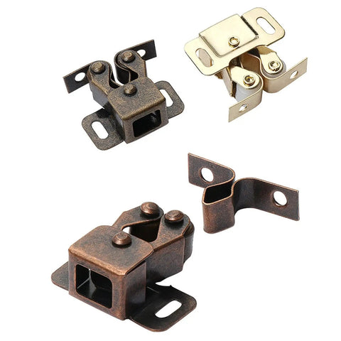 6 Pack Galvanized Double Ball Roller Cabinet Catch for Smooth Soft Close Quiet Slam Free Closet Cupboard Hardware Furniture Doors Locking Latch Set in Antique Bronze Finish, showing three catches in antique bronze and silver on white background.