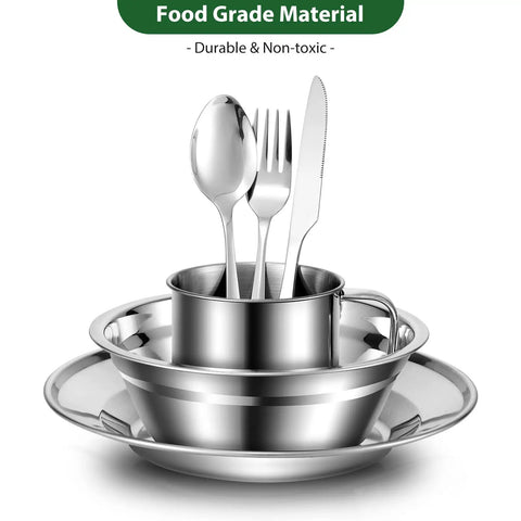 All In One 29 Piece Stainless Steel Camping Mess Kit For 4 With Bowls Plates Cups Forks Spoons And Knives