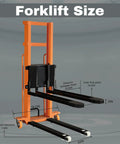 Electric Pallet Stacker With Fixed Legs For Lifting Heavy Loads Up To 1300 Lbs And 63 Inches High showing fork dimensions and clearance.