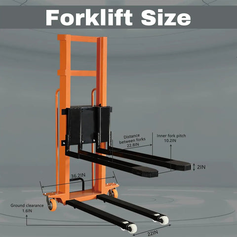 Electric Pallet Stacker With Fixed Legs For Lifting Heavy Loads Up To 1300 Lbs And 63 Inches High showing fork dimensions and clearance.