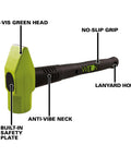 BASH 16 Inch Cross Pein Hammer With 2 Pound Head showing hi-vis green head, anti-vibe neck, no-slip grip, and safety plate.