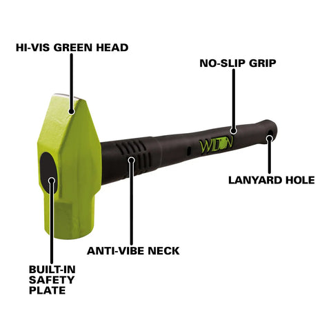BASH 16 Inch Cross Pein Hammer With 2 Pound Head showing hi-vis green head, anti-vibe neck, no-slip grip, and safety plate.