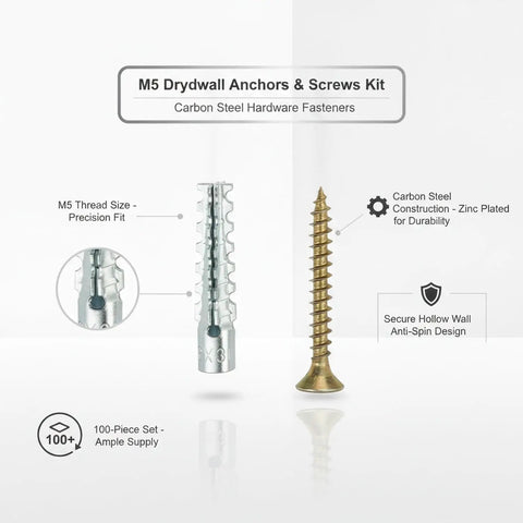 100 Piece Heavy Duty M5 Drywall Anchor And Screw Set with zinc plated wall anchors and screws for hollow walls display