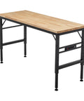 Heavy Duty Adjustable Height Workbench With Built In Power Outlets And Solid Rubber Wood Top Rock Solid Two Thousand Pound Capacity Garage Beast For Shop Projects And Buildouts, featuring a black steel frame and natural wood top.