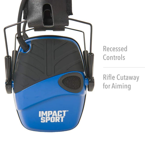 Impact Sport Electronic Earmuff With Real Blue Finish Keeps Your Hearing Safe 82 Decibel Shutoff And 22 NRR 4X Amplification