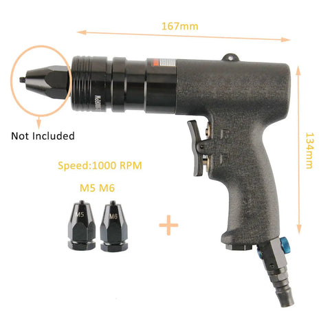 Heavy Duty Pneumatic Rivet Nut Gun Generating Badass Torque With Adjustable Speed And A Self Locking Head For No Sweat Thread Insertion On Sheet Metal Across M5 M6 M8 Sizes with M5 and M6 nozzles.