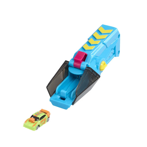 Battle Racers Green Storm Micro Scale Car with Launcher, high velocity toy showing car and blue launcher for kids