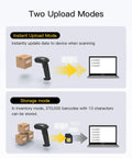 Illustration of 2D Barcode Scanner With Smart Stand showing instant and storage upload modes to laptop