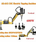 Electric CNC Tapping Machine 600W For M2 To M12, Vertical Universal Type with chucks, shown with packing size and working radius.