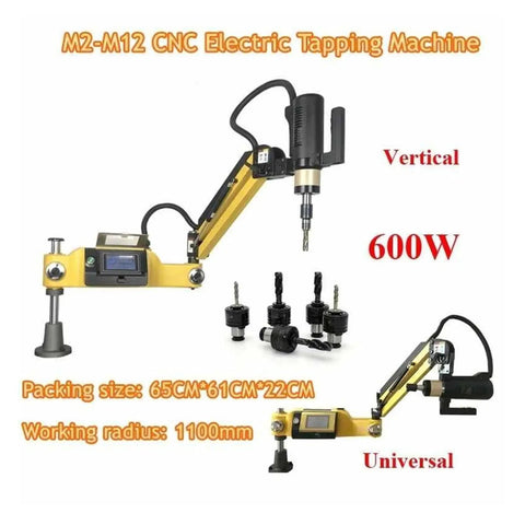Electric CNC Tapping Machine 600W For M2 To M12, Vertical Universal Type with chucks, shown with packing size and working radius.