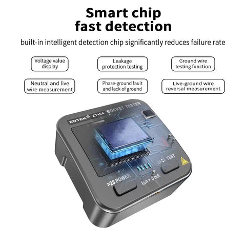 Outlet Tester With GFCI And NCV Non Contact Voltage Detection For North American Outlets, smart chip with test features labeled.