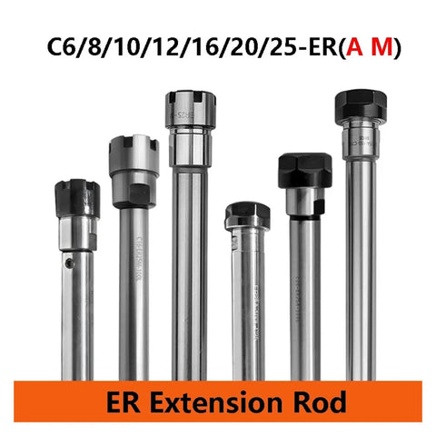 Ultra Precision C16 ER20 Extension Rod For CNC Milling Tools With 100mm Length And M Type Nut Collar showcased in various sizes.