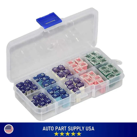 50 Pack Must Have Automotive Mini Box Cartridge Fuse Kit For Cars Trucks And SUVs with assorted fuses in plastic case