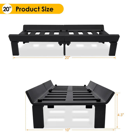 Two angles of Heavy Duty 20 Inch Fireplace Grate for Wood Stoves and Fireplaces, Wrought Iron Log Holder with measurements.