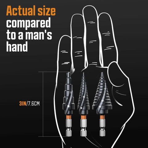 Three Piece Unibit Step Drill Bit Set Built For Beastly Durability M35 Cobalt TiAlN Coated Spiral Cone Bits in man's hand