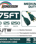 75 Foot Outdoor Extension Cord 16 Gauge 3 Wire SJTW Green Heavy Duty Cable With Grounded 3 Prong Plug For Weatherproof Power And Outdoor Decor Perfect For Holiday Lights And Yard Projects, product features displayed.