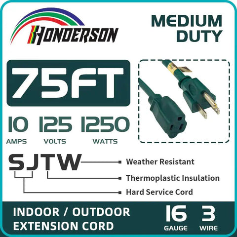 75 Foot Outdoor Extension Cord 16 Gauge 3 Wire SJTW Green Heavy Duty Cable With Grounded 3 Prong Plug For Weatherproof Power And Outdoor Decor Perfect For Holiday Lights And Yard Projects, product features displayed.