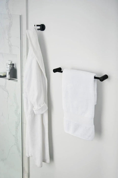 Dope Matte Black Double Swivel Robe Hook From Align Collection Modern Bathroom Accessory installed with towels and robe