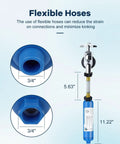 Diagram of Inline RV Water Filter Kit With Two Flexible Hose Protectors showing dimensions and connectors for RVs and campers.