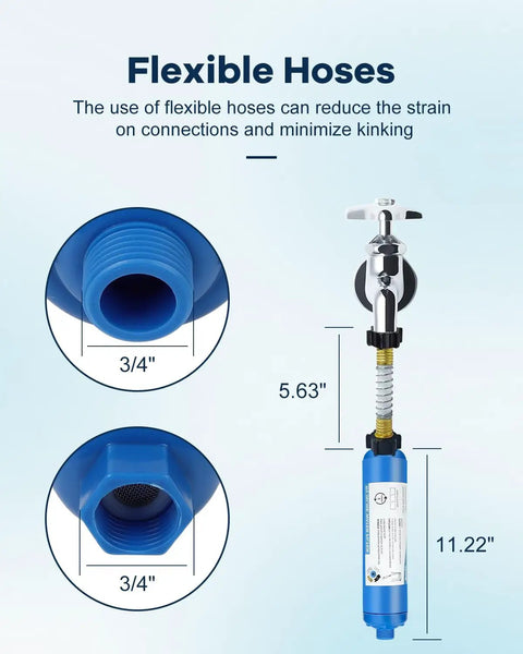 Diagram of Inline RV Water Filter Kit With Two Flexible Hose Protectors showing dimensions and connectors for RVs and campers.