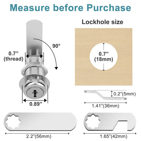 Measurement guide for Heavy Duty Zinc Alloy Cam Locks For Cabinet Drawers And RV Storage, showing dimensions and lockhole size.