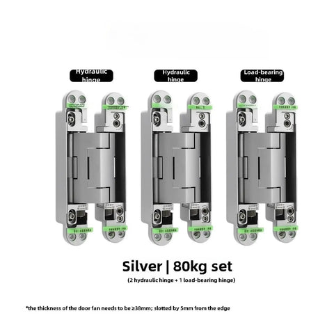 Top Shelf Invisible Hydraulic Hinge Set With Dead Silent Damping And Easy Multi Directional Adjustments For Zero Hassle Hidden Door Projects That Run Slick And Hold Up To Heavy Daily Use, showing silver 80kg hinge set.