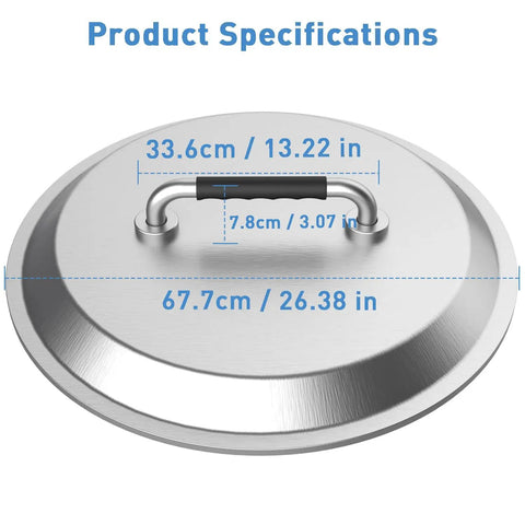 Stainless Steel Fire Pit Lid With Silicone Wrapped Handles for 27 Inch Outdoor Pits, All Weather Shield Cover with dimensions