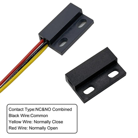 Dual NC NO Magnetic Reed Switch Proximity Sensor For 127V Systems showing black casing and three colored wires, 2 pack