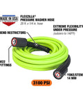 Pressure Washer Hose With M22 Fittings, 1/4 In By 25 Ft, ZillaGreen Flexible Hybrid Polymer, Cold Water Only Up To 3100 Psi