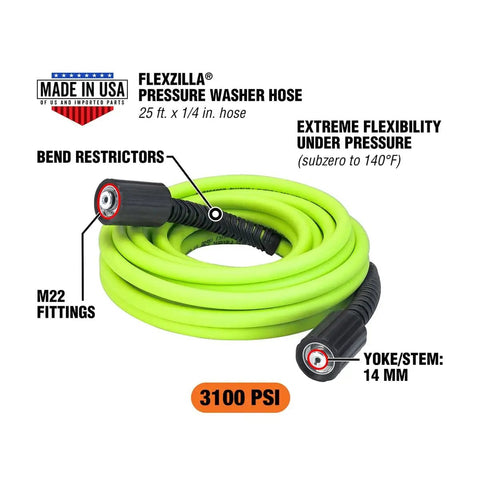 Pressure Washer Hose With M22 Fittings, 1/4 In By 25 Ft, ZillaGreen Flexible Hybrid Polymer, Cold Water Only Up To 3100 Psi