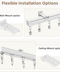 Heavy Duty Ceiling Curtain Track Kit With Quiet Glide Rollers 3 To 6 Ft White Ceiling Or Wall Mount Curtain Rail System Includes 20 Rollers 20 Hooks And 20 Clips Great Room Divider For Living Room Bathroom Or Hospital, showing wall and ceiling mounting options.