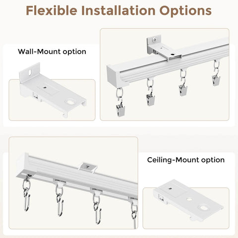 Heavy Duty Ceiling Curtain Track Kit With Quiet Glide Rollers 3 To 6 Ft White Ceiling Or Wall Mount Curtain Rail System Includes 20 Rollers 20 Hooks And 20 Clips Great Room Divider For Living Room Bathroom Or Hospital, showing wall and ceiling mounting options.