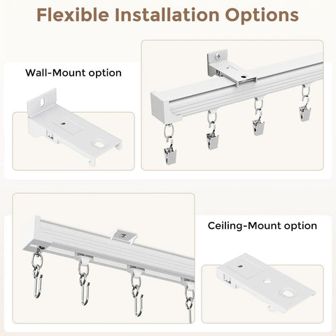 Heavy Duty Ceiling Curtain Track System White 6 To 9 Ft Easy Install Ceiling And Wall Mount Rail With Ultra Quiet Smooth Gliding 3 Ft Sections Each Featuring 10 High Quality Rollers For No Fuss Drapes In Living Room Bedroom Or Home Theater wall and ceiling mount brackets