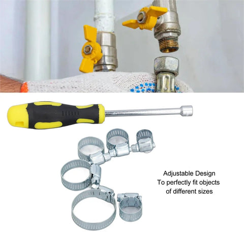 Close-up of All In One Hose Clamp Kit 49 Pcs Adjustable Clamps 13 To 44 mm with 8 mm Hex Screwdriver in use